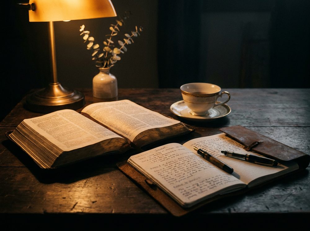 Open Bible, notebook, and mug on a table
