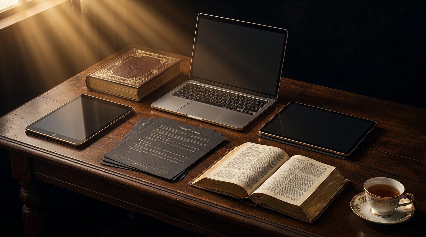 Women's Ministry Leader Training on a laptop, tablet, and printed materials